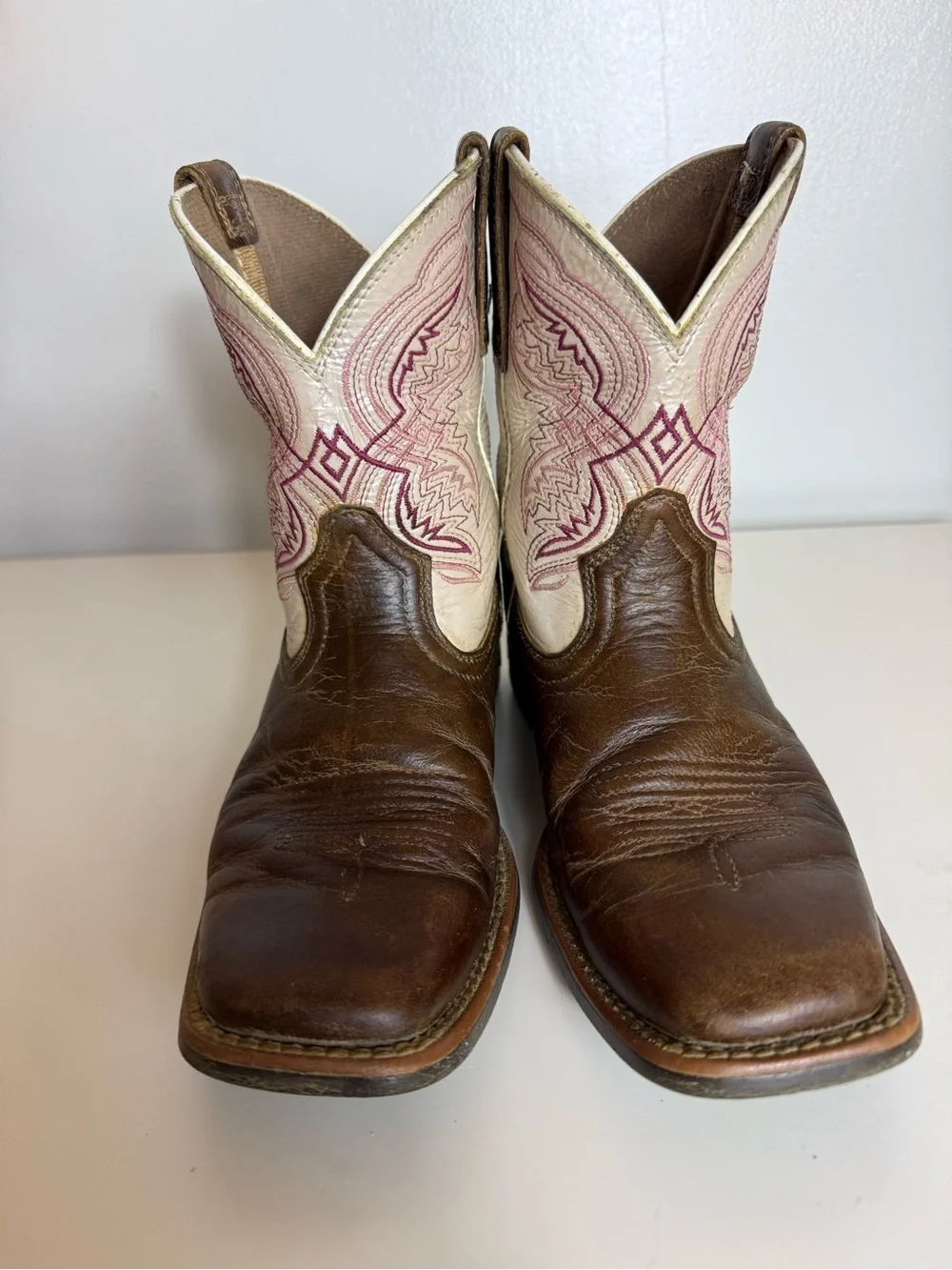 Ariat Kids Fatbaby Brown Leather Western Cowboy Boots Square Toe Cream Shaft